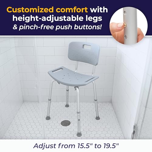 Drive Medical Shower Chair with Back and Suction Feet, Gray | Adjustable Bathroom Bench Features Contoured Seat and Suction Feet for Lightweight, Durable Bathing Support