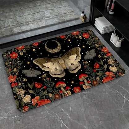 Bath Mat-Bathroom Rug，Moth Moon Mushrooms Flowers Non Slip Quick Dry Stain Resistant Easy to Clean Care Shower Rug for Bathtub Shower Room 17×27.5Inch (43 * 70cm) - color: Moth Moon Mushrooms Flowers, size: 17 x 27.5 inches