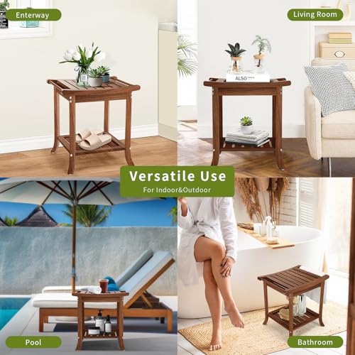 Teak Shower Benches for Inside Shower – Waterproof Wood Shower Stool with Storage Shelf, Non-Slip Spa Bathroom Seat Chair for Adults & Seniors, Ideal for Relaxing and Home Use