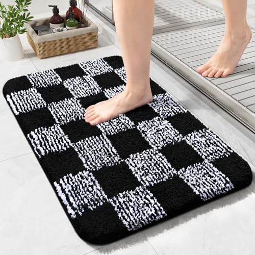 LOCHAS Bathroom Rugs 24×17, Checkered Bath Mat Non Slip, Black | Rubber Backing Absorbent Machine Washable, Microfiber Carpet for Kitchen Bedroom Entryway - color: Black, size: 24" x 17"