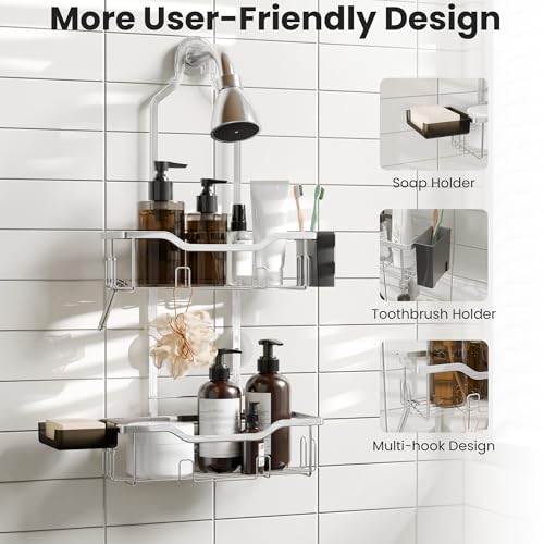Shower Caddy Hanging 2-Tier Shower Organizer for Tall Showerhead,Rustproof Over Shower Head Rack,No Drill Bathroom Shower Caddy with Soap Dish,Toothbrush Holder and Hooks,Silver - color: Upgraded Silver