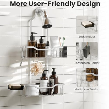 Shower Caddy Hanging 2-Tier Shower Organizer for Tall Showerhead,Rustproof Over Shower Head Rack,No Drill Bathroom Shower Caddy with Soap Dish,Toothbrush Holder and Hooks,Silver - color: Upgraded Silver