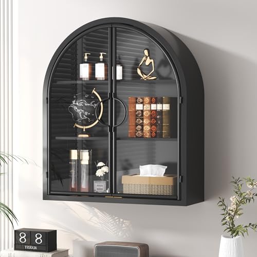 Arched Wall Cabinet with Clear Glass Door, NO Assembly | Full Metal Frame, 10MM Shelves, Handcrafted Arched Design, 40-lb per Tier, 5MM Tempered Glass, for Bathroom Wall Medicine - style: 2 Clear Glass Doors - Style 1