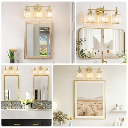 Brushed Gold Bathroom Light Fixtures, Square, 3-Light | Vanity Lights with Crystal Shades, Modern Bathroom Lighting Fixtures over Mirror (Bulbs Not Included, E26) - color: Brushed Gold (Square), size: 3-Light