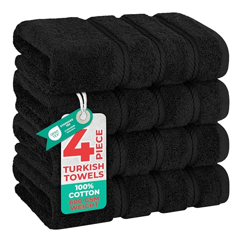 American Soft Linen 100% Cotton Luxury Turkish Towels, 4 PC Hand Towel Set | Soft Absorbent Quick Dry OEKO Tex Standard 100 Certificated Durable Machine Washable Premium Hotel Quality - color: Black, size: 16"x28"