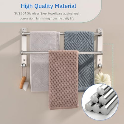 Double Towel Bar with Hooks for Bathroom - 18 Inch Brushed Stainless Steel Towel Rack, Wall Mounted Towel Rails