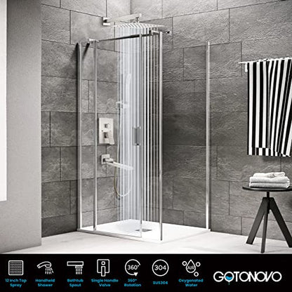 gotonovo Tub Shower Faucet Set with Valve Kit 12’’ Head,Brushed Nickel | Shower System with Tub Spout,SUS304 Rain Head with Handheld Sprayer,Swivel Spout,All Metal,Rough-In Valve Trim Kit,Wall Mount - color: Nickel, size: 12’’ Head