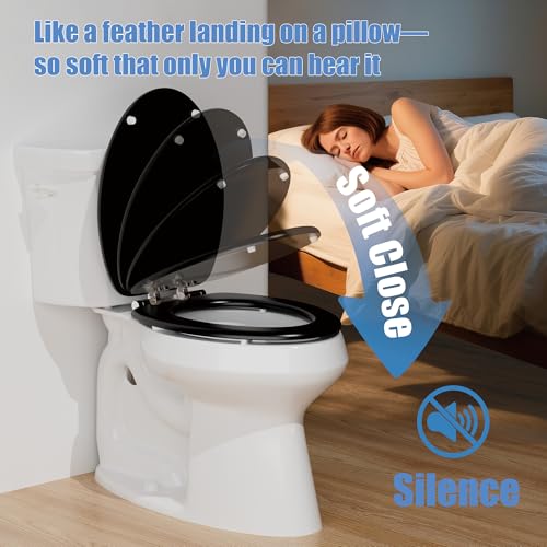 Elongated Slow Close Toilet Seat, Black Wood Toilet Seat Support 400 lbs, Heavy Duty Oval Wood Toilet Lid with Soft Close Chrome Hinges, Grip-Tight Bumpers - Easy to Clean, Quick Assembly - color: Black, size: Elongated Slow Close
