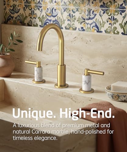 KES Natural Italian Carrara Marble Brushed Gold Bathroom Faucet 3 Hole with All Metal Pop Up Sink Drain, 8 Inch Widespread Bathroom Sink Faucet for Vanity, 360° Swivel Spout, 18/8 Stainless Steel - color: Brushed Gold