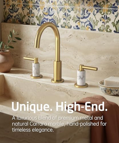 KES Natural Italian Carrara Marble Brushed Gold Bathroom Faucet 3 Hole with All Metal Pop Up Sink Drain, 8 Inch Widespread Bathroom Sink Faucet for Vanity, 360° Swivel Spout, 18/8 Stainless Steel - color: Brushed Gold