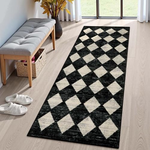 Lahome Zelie Washable Black and White Kitchen Runner Rug, 2x5 Soft Non Slip Laundry Room Bathroom Runner Rugs, Moroccan Trellis Low Pile Carpet Runners for Entryway Bedside - color: Black, size: 2' x 5' (Runner)