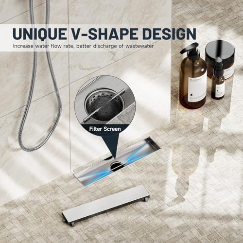 Linear Shower Drain 12 Inch Shower Trench Drain with Tile Insert Grate | Evolvegoods 304 Stainless Steel Bathroom Floor Drain,Rectangular Shower Drain with Leveling Feet,Hair Strainer,Brushed Nickel - size: 12 Inches