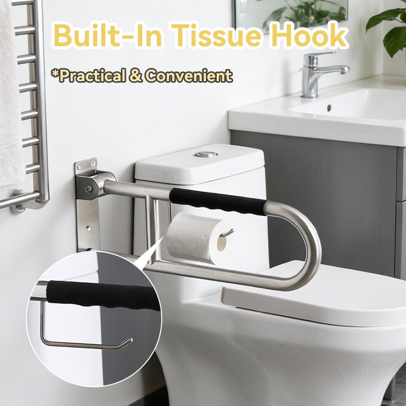 31.5 Inch Toilet Grab Bar, Brushed Nickel Flip-Up Bathroom Grab Bar with Paper Holder, Non-Slip Soft Silicone Grips Handicap Grab Bars, 304 Stainless Steel Handicap Grab Bars for Elderly, Disabled - color: Brushed Nickel