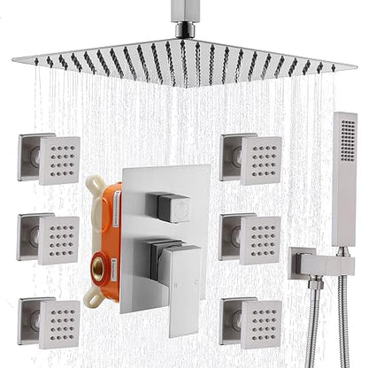 Enga Shower System with Body Jets 12 Inch Ceiling Mounted Rain Shower and Handheld Sprays Brass Full Body Massage Spa Jets Contain Rough-in Shower Valve, Brushed Nickel - color: Brushed Nickel, style: Ceiling Mount - 6 Jets