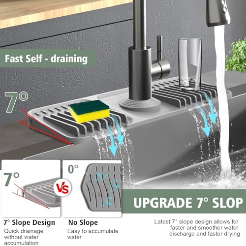 14.6-Inch Kitchen Sink Splash Guard Mat | 7° Slope for Fast Self-Draining | Snap-Lock Design | Universal & Cuttable Silicone Faucet Mat GRAY - color: Gray, size: 14.6" x 5.5"