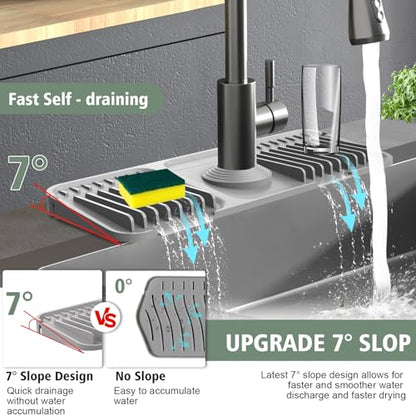 14.6-Inch Kitchen Sink Splash Guard Mat | 7° Slope for Fast Self-Draining | Snap-Lock Design | Universal & Cuttable Silicone Faucet Mat GRAY - color: Gray, size: 14.6" x 5.5"