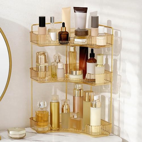 INVSSENE Corner Bathroom Countertop Organizer, Vanity Organizer Trays for Counter, Makeup Organizers, Perfume Tray, Skincare Shelf Storage Gifts for Women Girl Student (Yellow, 3 Tiers) - color: Yellow, size: 13.6" x 10.1" x 17.5"