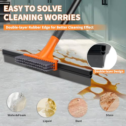 Floor Squeegee for Concrete Floor,Heavy Duty Shower Garage Floor Squeegee Broom with Scrubber Brush and 62" Long Handle for Bathroom Tile,Garage, Deck,Pool,Outdoor Floors,16 Inch,Orange