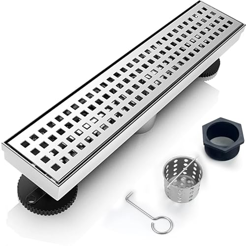12 Inch Removable Cover Linear Shower Drain 304 Stainless Steel Rectangular Floor Drain for Kitchen Bathroom Square Hole Pattern Drain with Accessories Hair Strainer Adjustable Leveling Feet (Silver) - color: Silver, size: 12 Inch