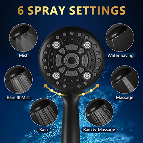 6 Spray Modes High Pressure Handheld Showerhead Set Upgraded | 5 Inches Shower Head with Handheld Spray Matte Black Handheld Shower Head 60 Inches Stainless Steel Hose-1-Min Install - color: Matte Black