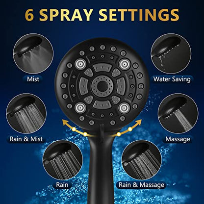 6 Spray Modes High Pressure Handheld Showerhead Set Upgraded | 5 Inches Shower Head with Handheld Spray Matte Black Handheld Shower Head 60 Inches Stainless Steel Hose-1-Min Install - color: Matte Black