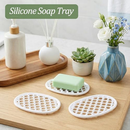 3PCS Soap Dish with Drainage Holes, Self Draining Silicone Soap Holder for Shower, Non-Slip Soaps Dish Tray for Bathroom Sink, Small Bar Soaps Saver Pad for Niche/Shelf Bathtub