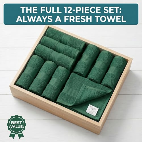Sofea 100% Cotton Washcloths Set of 12, (12 x 12 Inch) 520 GSM Wash Cloths, Extra Soft Absorbent Quick Dry Face Towels - color: Forest Green