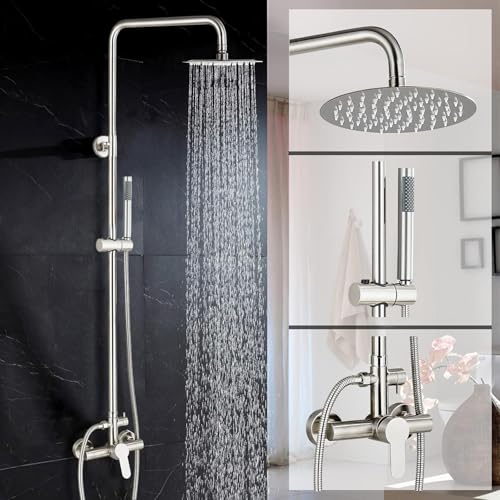 Rain Shower System Outdoor Shower Fixtures with 8" Rain Shower Head Handheld Sprayer Single Handle Wall Mounted Bathroom Shower Faucet Set Brushed Nickel for Bathroom or Backyard - color: ‎Brushed Nickel, style: Two Modes