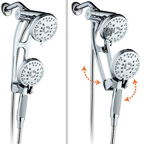 High Pressure 48-mode Luxury 3-way Combo with Adjustable Extension Arm – Dual Rain & Handheld Shower Head – Extra Long 6 Foot Stainless Steel Hose – All Chrome Finish – Top US Brand - color: Chrome