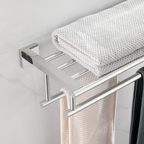 Towel Rack with Shelf 20 Inch Double Towel Racks for Bathroom Polished Chrome Bath Towel Holder SUS304 Stainless Steel Towel Rack Wall Mounted Modern Towel Hanger - color: Polished Chrome, size: 20 Inch/ 50cm