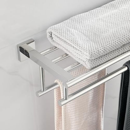 Bathroom Towel Rack with Double Towel Bar 32 Inch Bathroom Hotel Shower Shelf SUS304 Stainless Steel Modern Wall Mounted Holder Polished Chrome - color: Polished Chrome, size: 32 Inch/ 80cm