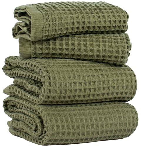 PÜSKÜL Natural 100% Turkish Cotton Waffle Towels Set of 4-Piece Khaki Green | 2-Bath sheet (Extra-large 32x63") and 2-Hand towel (Large 32x16"). Premium honeycomb-waffle weave, oeko-tex made in Turkiye. - color: Khaki Green