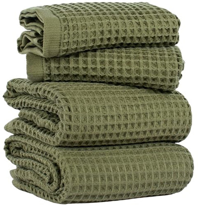 PÜSKÜL Natural 100% Turkish Cotton Waffle Towels Set of 4-Piece Khaki Green | 2-Bath sheet (Extra-large 32x63") and 2-Hand towel (Large 32x16"). Premium honeycomb-waffle weave, oeko-tex made in Turkiye. - color: Khaki Green