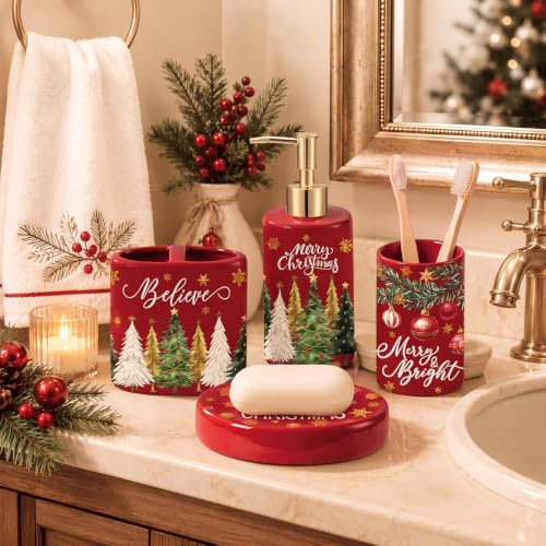 4 Pcs Christmas Ceramic Bathroom Accessories Gifts Xmas Tree Bath Tumbler Soap Dispenser Toothbrush Holder Soap Tray Merry Xmas Bathroom Decorations(Red Merry Christmas) - style: Red Merry Christmas