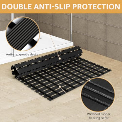 Yolife PVC Large Shower Mat, 35.4 × 24 Inch Non Suction Cup Non Slip Shower Floor Mat, Easy to Cut & Curlable Stand Up Shower Stall Mat, Heavy Duty Bath Shower Mats for Inside Shower - color: Black