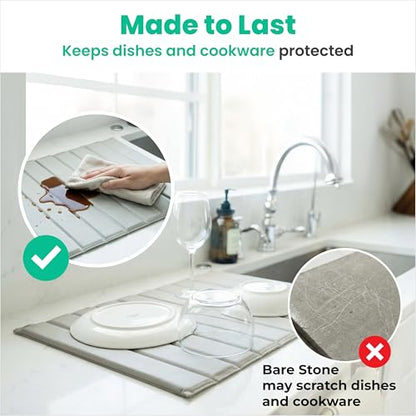 25" x 15" PU Leather Wrapped Large Stone Dish Drying Mat for Kitchen Counter Sink - Quick Dry Super Absorbent Diatomaceous Earth Pad for Dishes, Mats for Bathroom - Absorbing Mats - Gray
