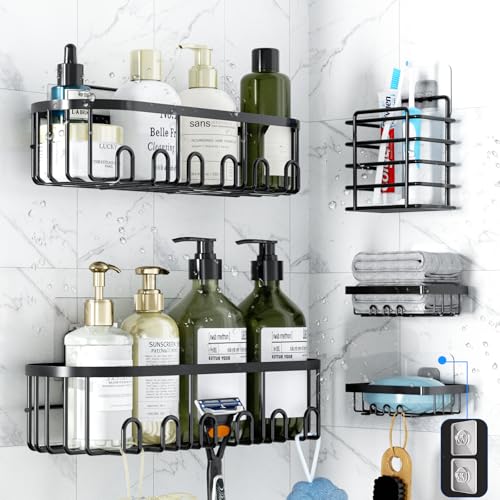 GearFusion Shower Caddy Adhesive Bathroom shelves,5 Pack Rustproof Stainless Steel Bathroom Storage, Space-Saving Shower Organizer with Soap Toothbrush Holder & 18 Hooks,No Drill Rack for Home Decor