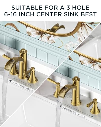 FORIOUS Brushed Gold Bathroom Faucet 3 Hole Widespread, Vanity Faucet Gold | Two Handle Antique Brass Waterfall Bathroom Faucet Gold 3 Hole with Metal Pop Up Drain, Pre-Assembled CUPC Hose and All Tools - color: Brushed Gold