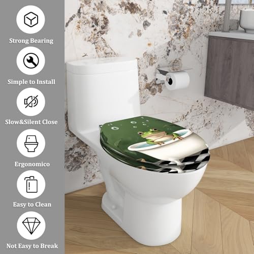 Elongated Resin Toilet Seat, Quietly Close Quick Release Hinges Cover | Toilet Lid Cover Easy to Clean and Install, Funny Cute Frog Cool Animal Green Plant Leaves Tropical Heavy Duty Toilet Seat - color: pattern5, size: V-shape