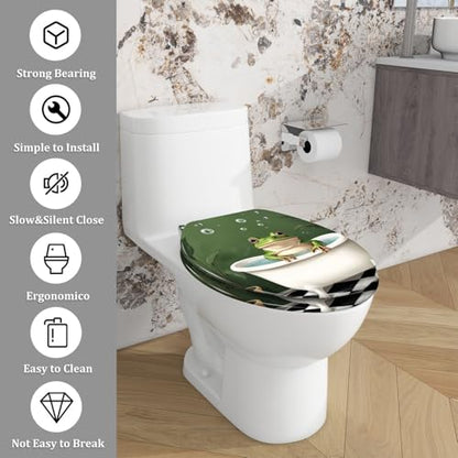 Elongated Resin Toilet Seat, Quietly Close Quick Release Hinges Cover | Toilet Lid Cover Easy to Clean and Install, Funny Cute Frog Cool Animal Green Plant Leaves Tropical Heavy Duty Toilet Seat - color: pattern5, size: V-shape