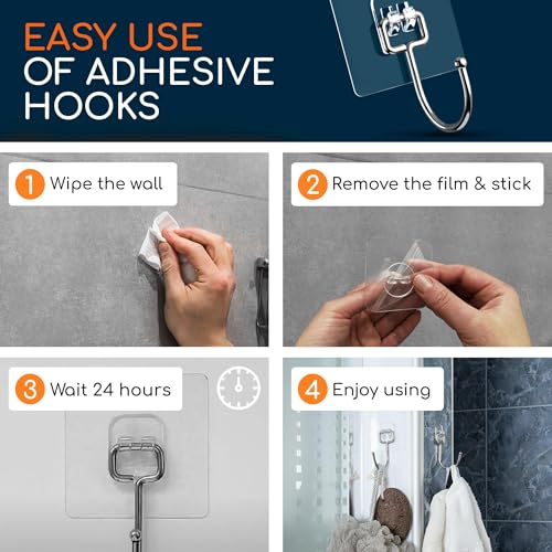 Adhesive Wall Hooks for Hanging, Heavy Duty No Drill, 22 lbs, 12 Pack | GLUIT Adhesive Wall Hooks for Hanging, Transparent Waterproof Sticky Towel Hook for Bathroom Kitchen Home Outdoor - size: Large, 12 pcs
