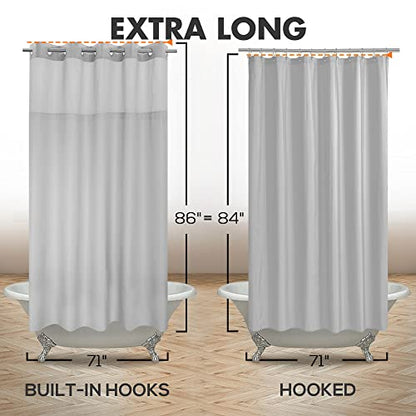 River Dream Extra Long No Hook Slub Textured Shower Curtain with Snap-in PEVA Liner Set - 71" x 86"(84"), Hotel Style with See Through Top Window, Grey Fabric Curtain & Waterproof Liner, Gray, 71x86 | 71W x 86H, Snap on/off Waterproof PEVA Liner, See Thro