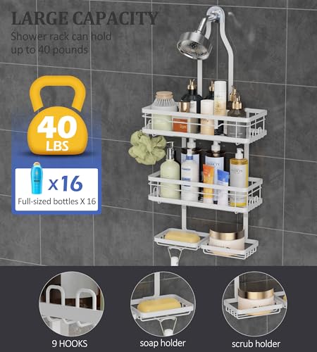 OMAIRA Shower Caddy Hanging with Soap Scrub Holder, Stainless Steel Adjustable No Drilling Non-Slip Large Capacity Sturdy Over Shower Head Shower Organizer Inside Shelves Bathroom Storage Rack, White - color: White