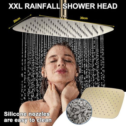 SonTiy Rain Shower Head with Handheld Spray and Shower Shelf Caddy, 12Inch Shower Head System with Height Adjustable Holder Compelete Shower Set, Brushed Gold - color: Brushed Gold, style: 1.8 Gallons Per Minute-Square