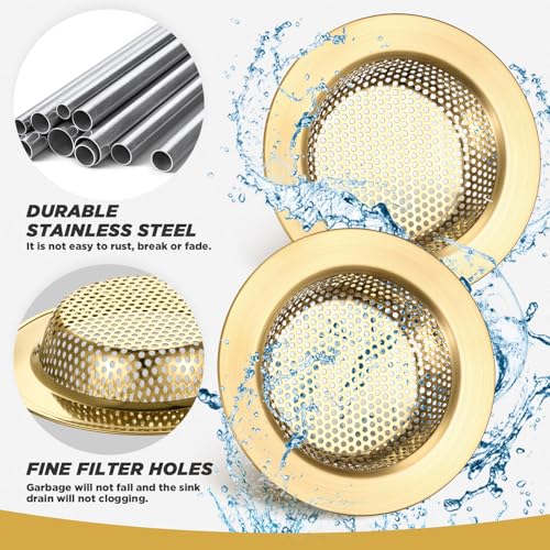2 Pcs Sink Strainer Stainless Steel Kitchen Sink Drain Strainer Basket Cover Mesh Hair Food Catcher, Large Wide Rim of 4.4 Diameter(Brushed Gold) - color: Brushed Gold