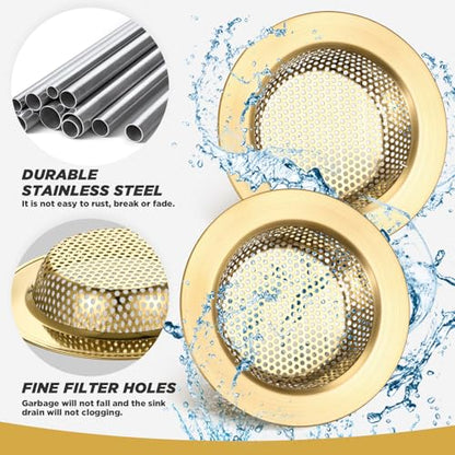 2 Pcs Sink Strainer Stainless Steel Kitchen Sink Drain Strainer Basket Cover Mesh Hair Food Catcher, Large Wide Rim of 4.4 Diameter(Brushed Gold) - color: Brushed Gold