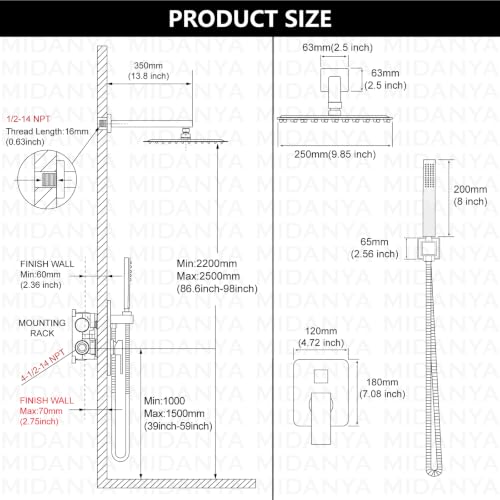 Midanya Shower Faucet Set with Handheld Sprayer,10 Inch,Matte Black | Rough-in Shower Valve and Trim Kit Included,Square Rain Head,Wall Mount Shower System,All Metal,Bathroom - color: Black, size: 10 Inch