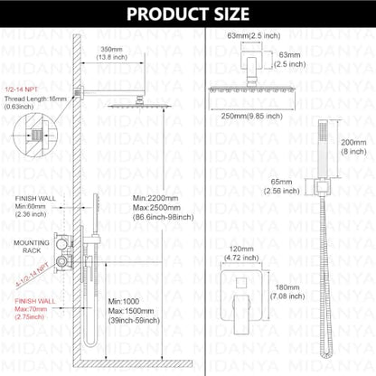 Midanya Shower Faucet Set with Handheld Sprayer,10 Inch,Matte Black | Rough-in Shower Valve and Trim Kit Included,Square Rain Head,Wall Mount Shower System,All Metal,Bathroom - color: Black, size: 10 Inch
