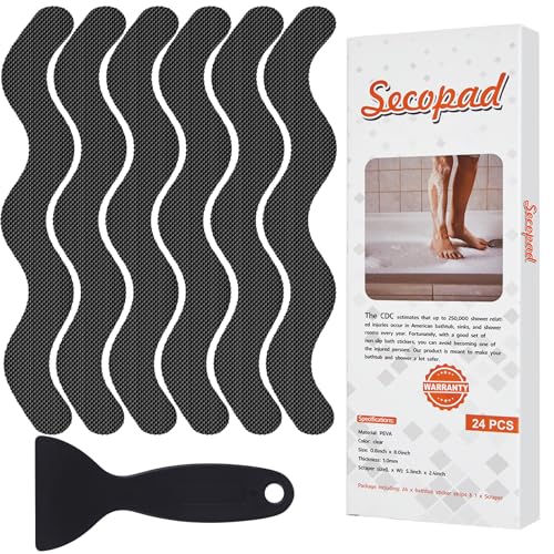 Secopad 24PCS Anti-Slip Shower Stickers with Scraper, 0.8"*8", Black | Patented, Non Slip, Easy to Use and Clean,Strong Adhesive & No Residue, For Bath Tub, Shower Floor, Stairs, Safe PEVA Decals - color: Black