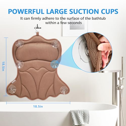 REEZEIVI Bath Pillows for Tub,Thick Neck Back Support Bathtub Cushion,Brown | 4D breathable body-fitting mesh, 6 strong anti-slip suction cups, machine washable & quick drying, durable for all bathtubs - color: Brown